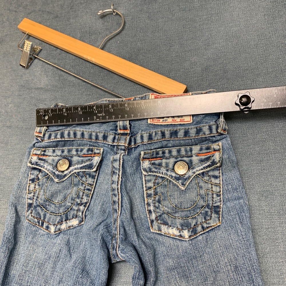 True Religion Jeans Womens 8 Blue Denim Wide Leg Distressed 5 Pockets Zip Fly - Picture 10 of 16